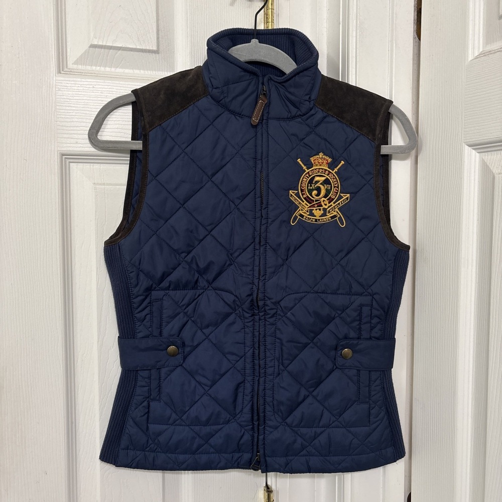 VTG Ralph Lauren Women Vest Equestrian Quilted Suede Crest Navy Blue Small